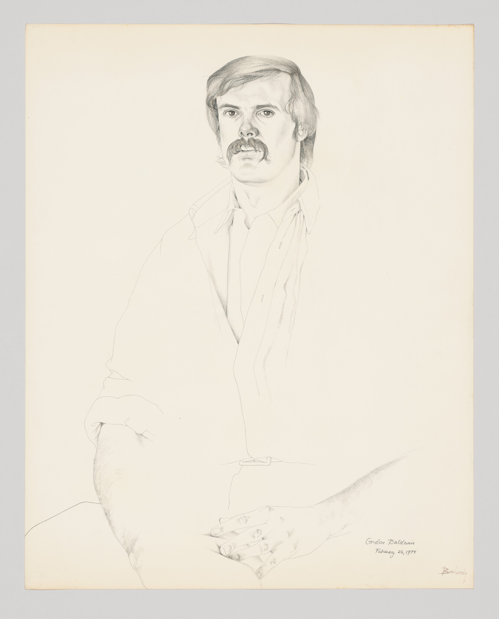A pencil portrait of a seated man with a mustache, open collar, and hands resting in his lap.