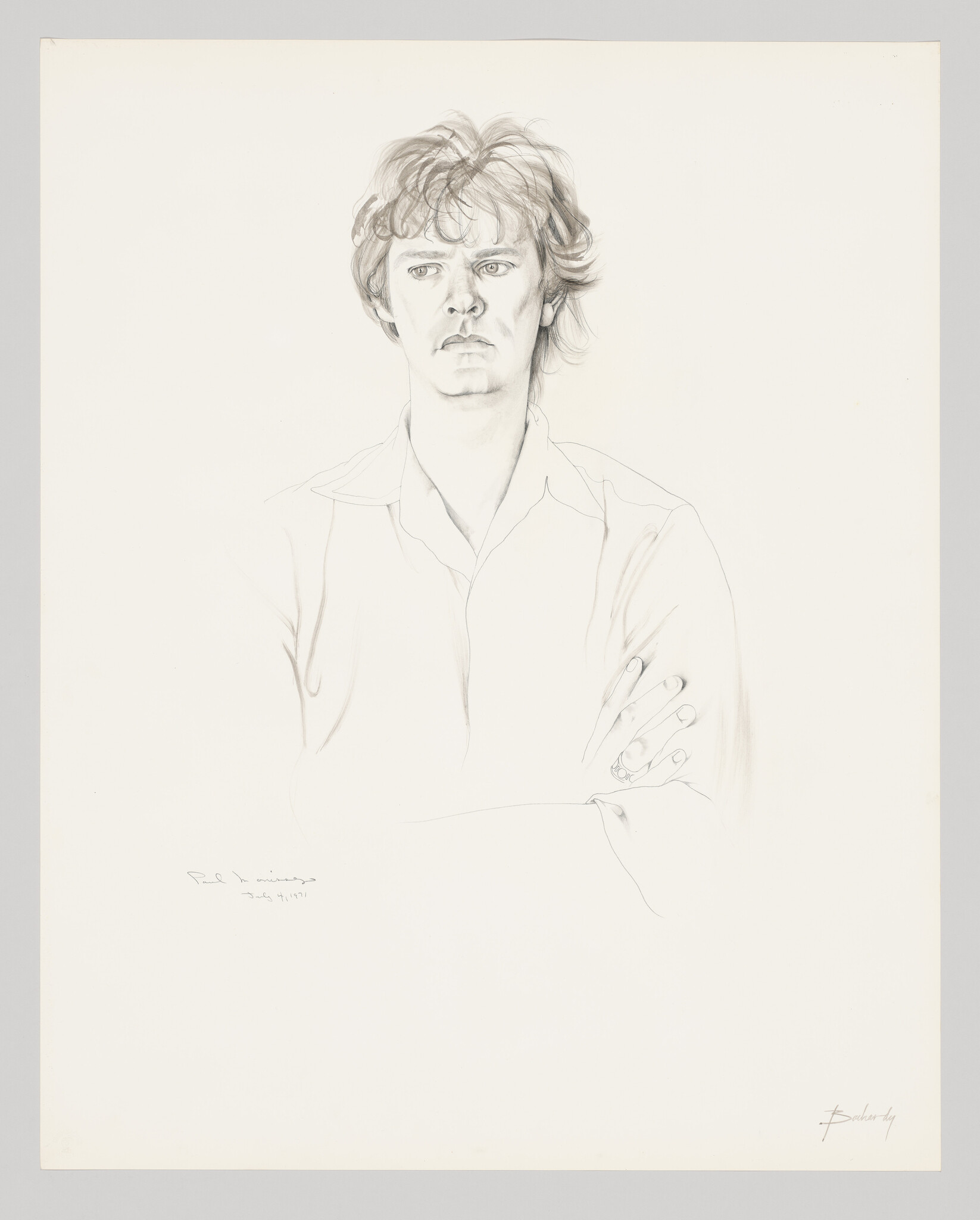 Pencil drawing of a young man with intense gaze, tousled hair, and a collared shirt, resting his chin on his crossed hands. The artwork is signed and dated at the bottom.