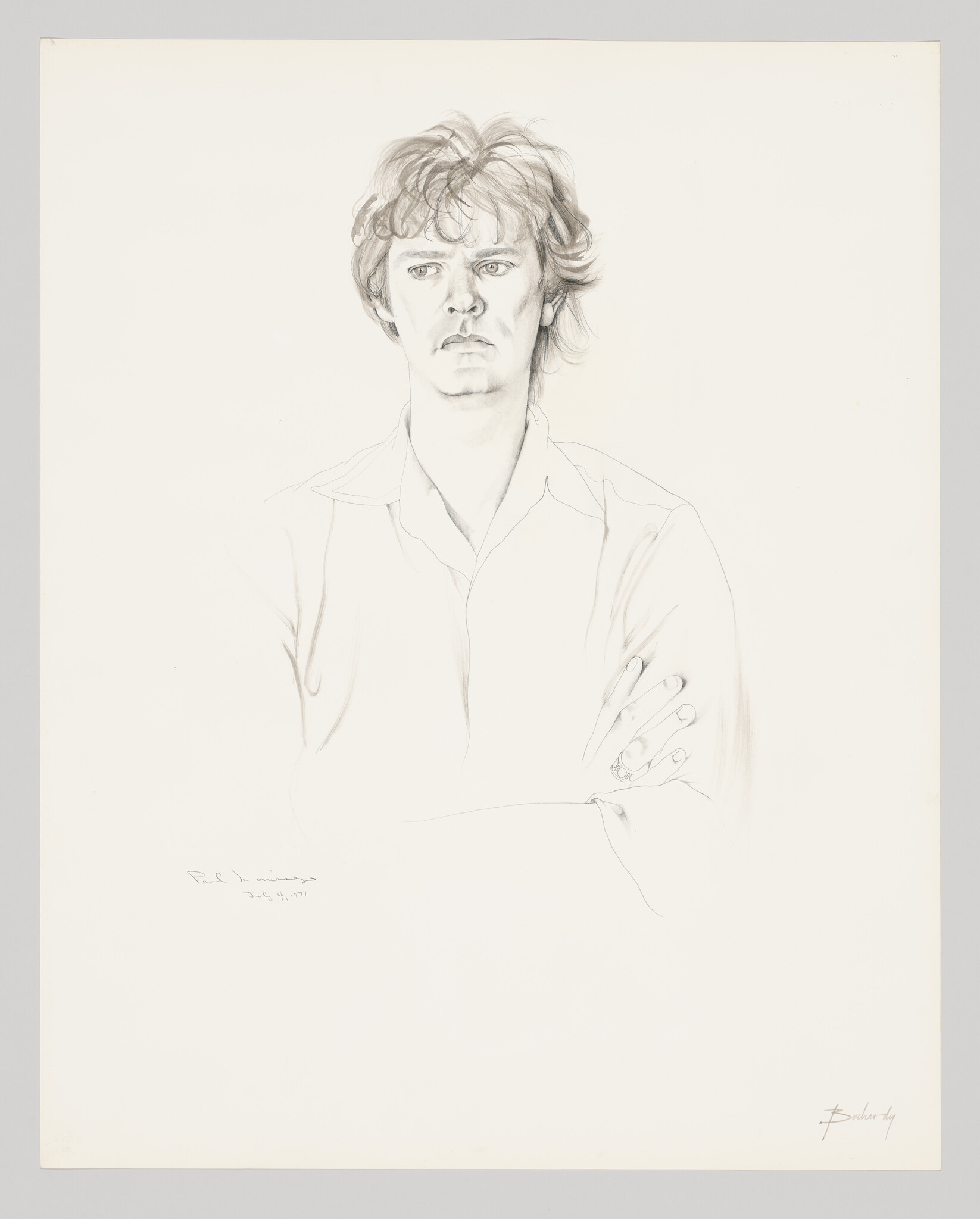 A pencil portrait of a young man with his arms crossed and a serious expression.