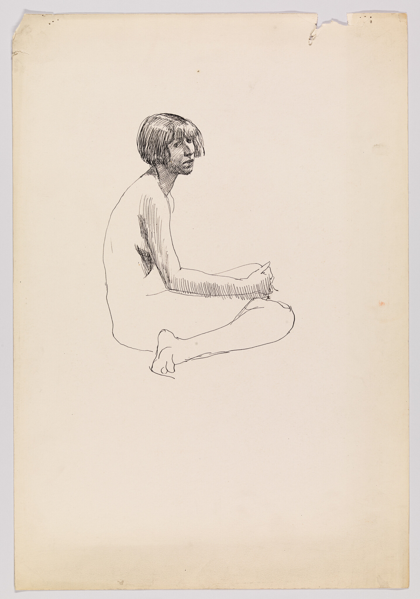 A simple ink sketch of a seated woman with short hair sitting cross-legged and looking back.