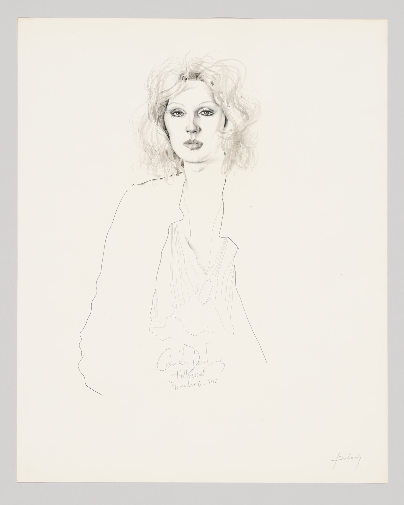 A delicate pencil portrait of a woman with tousled hair and a thoughtful expression.