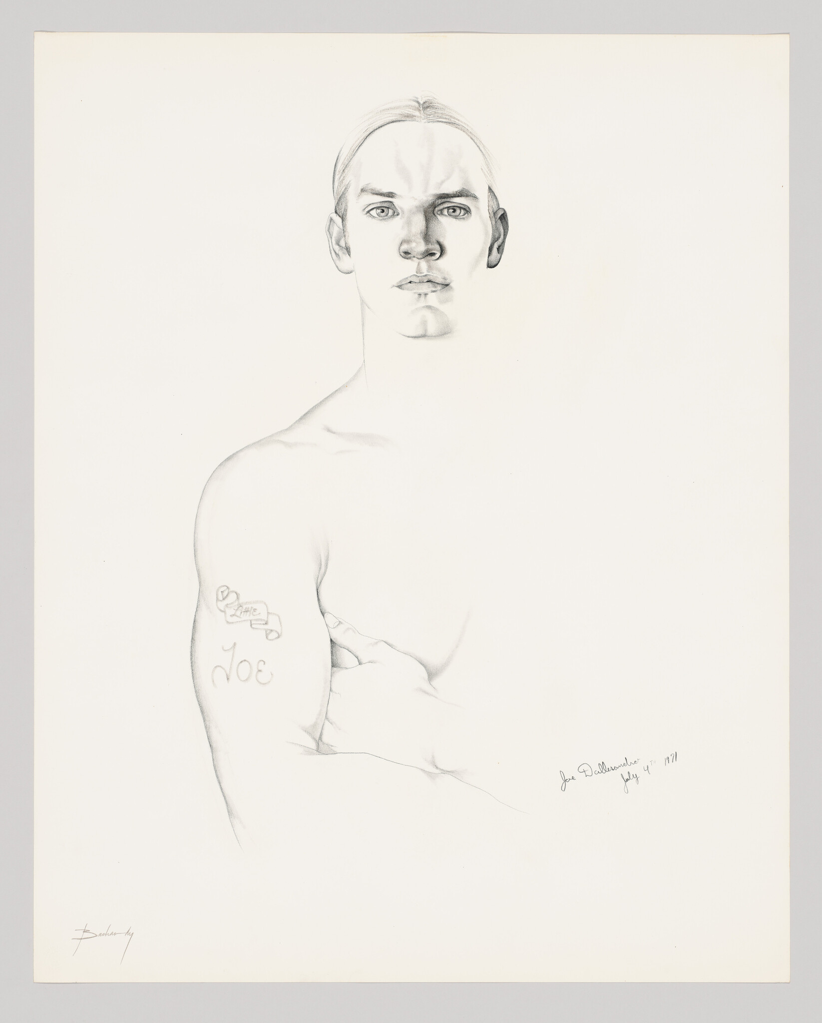 Pencil drawing of a shirtless man with a neutral expression, looking directly at the viewer. The man has short hair, and there is a tattoo-like drawing on his left bicep with the word "Joe." The artist's signature is at the bottom right. The background is plain white.