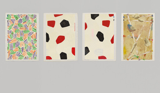 Four abstract mixed-media artworks with colorful stripes, red and black shapes, and textured elements displayed on a gray wall.