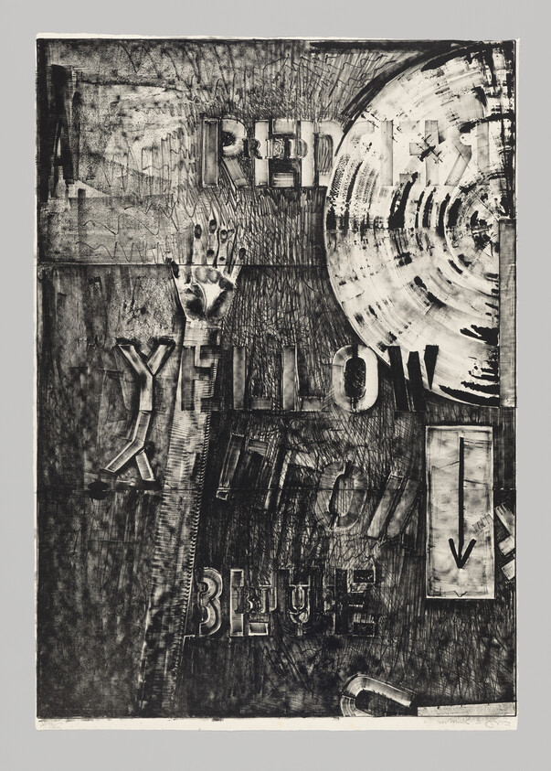 Abstract black-and-white collage showing the words 'red', 'yellow', and 'blue', a raised handprint, and a circular target.