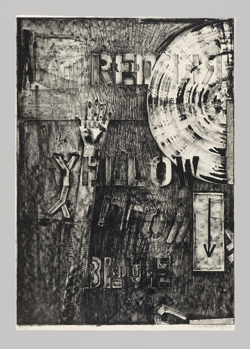 Abstract black-and-white collage showing the words 'red', 'yellow', and 'blue', a raised handprint, and a circular target.