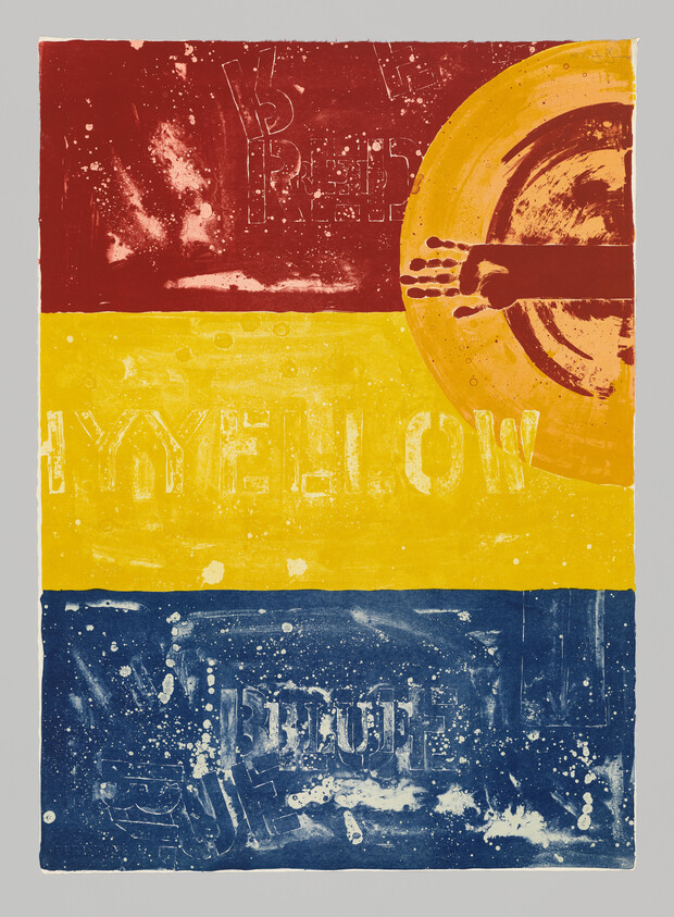 Three horizontal color bands labeled red, yellow, and blue with a circular orange shape on the right.