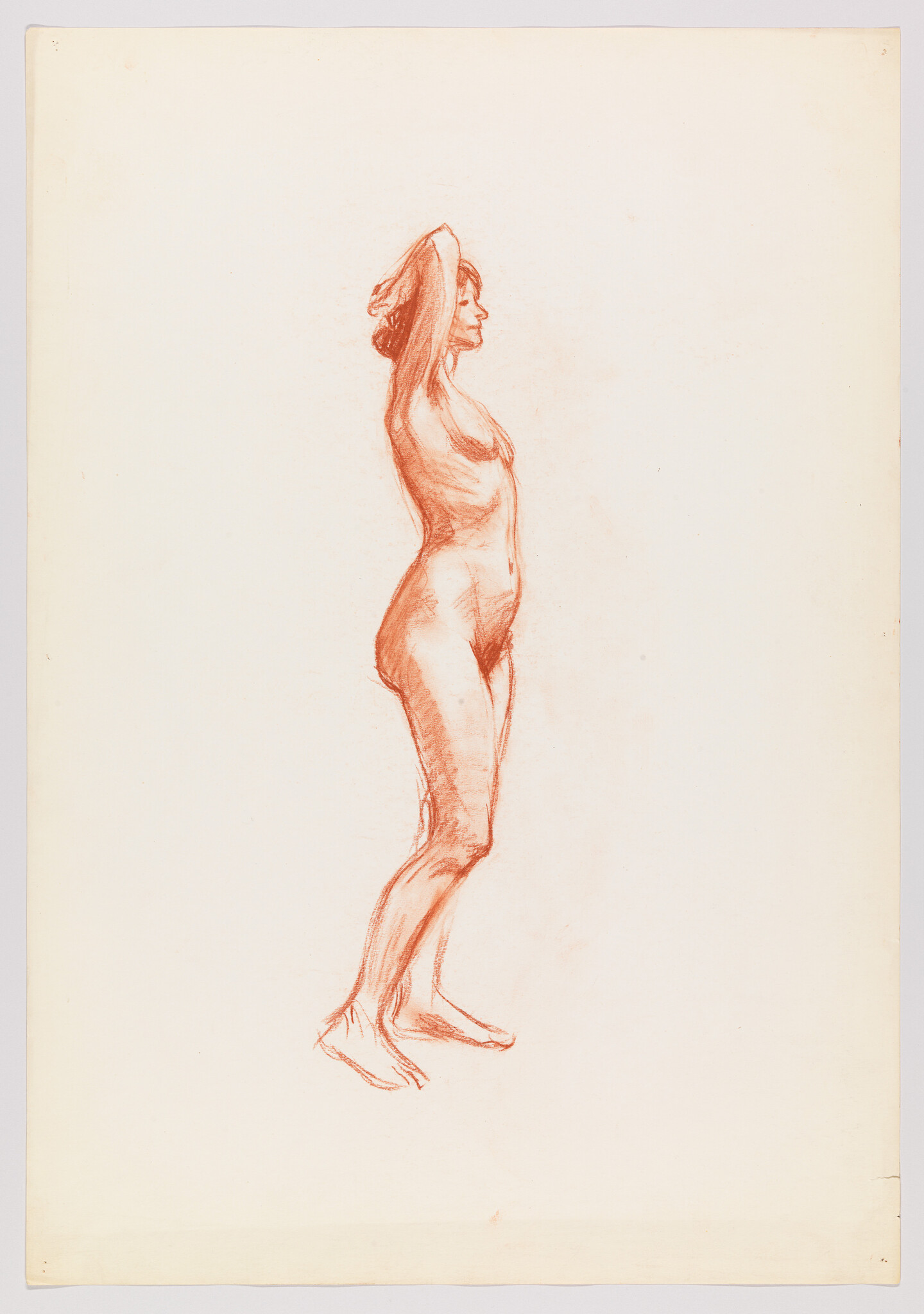A red chalk sketch of a standing nude woman stretching her arms behind her head.