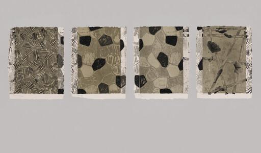 Four square panels with muted geometric and organic patterns are evenly spaced on a gray background.