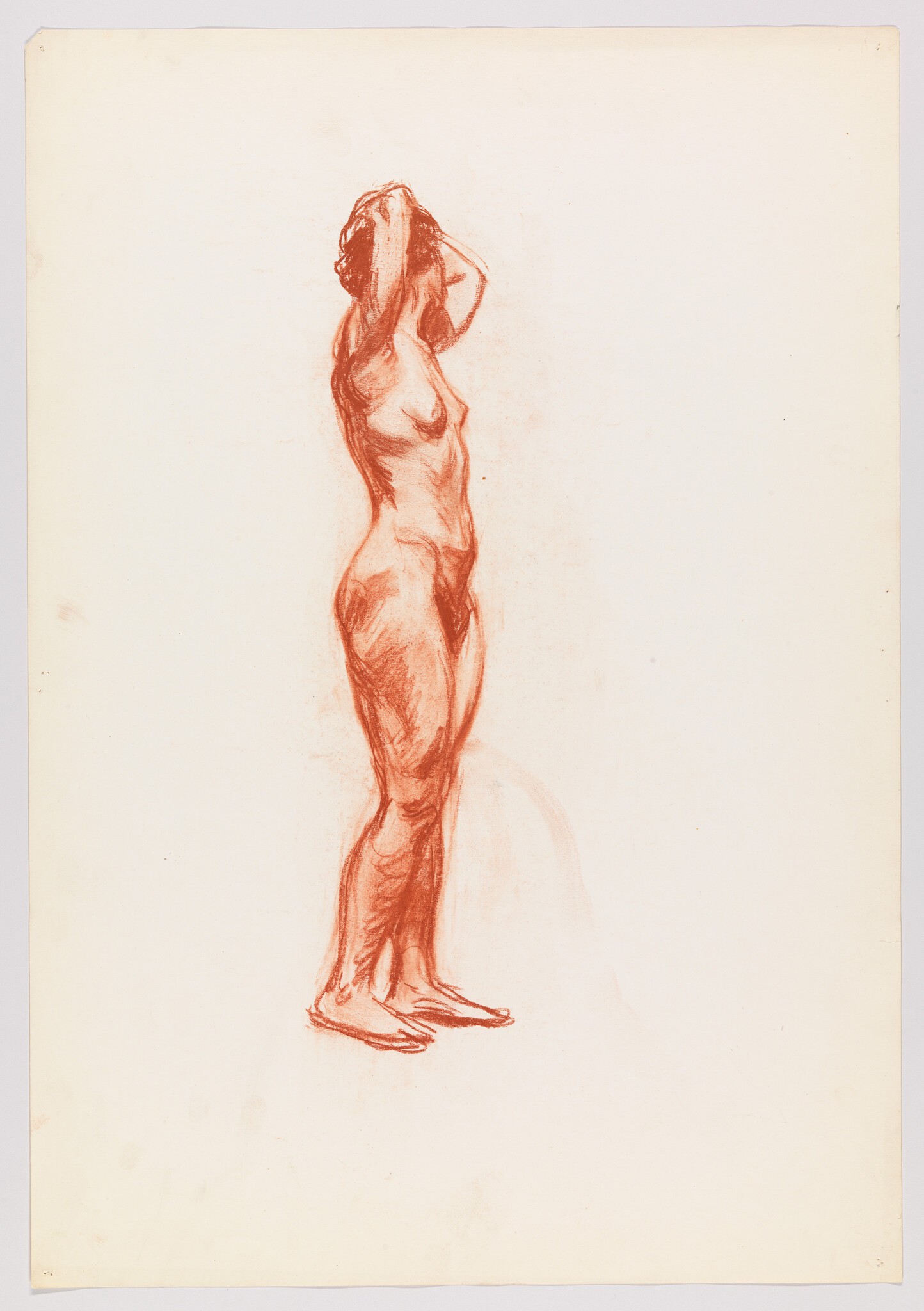 A red chalk sketch of a standing nude woman raising her arms to fix her hair.