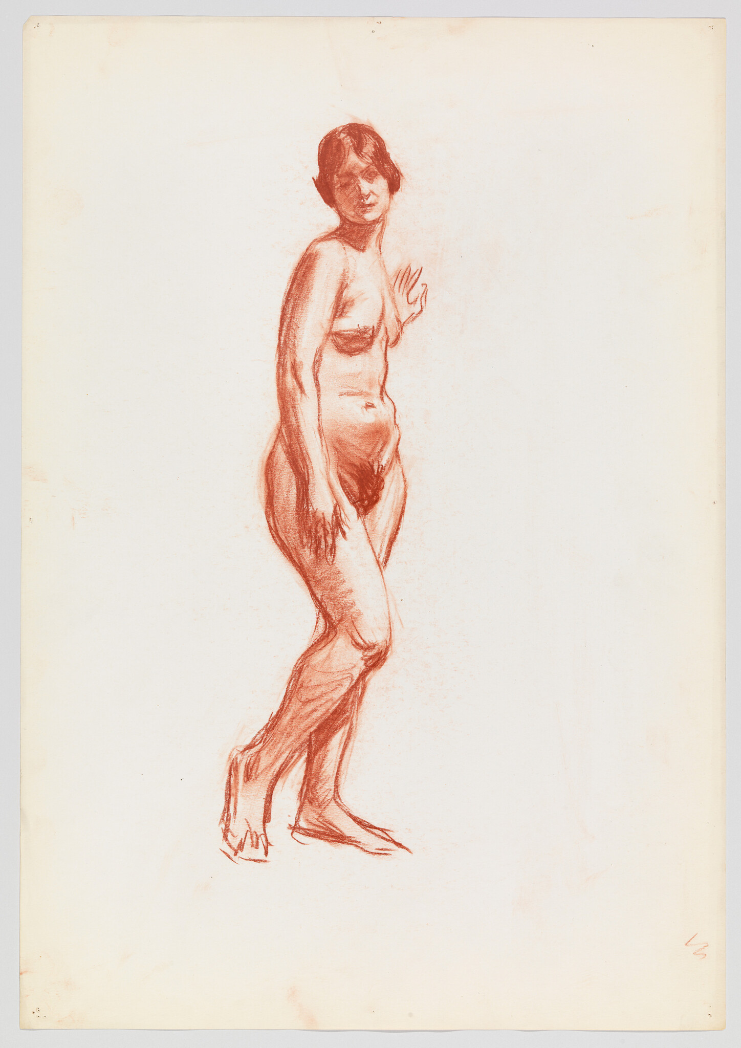 Nude standing woman sketched in red chalk, looking over her shoulder with one hand raised.