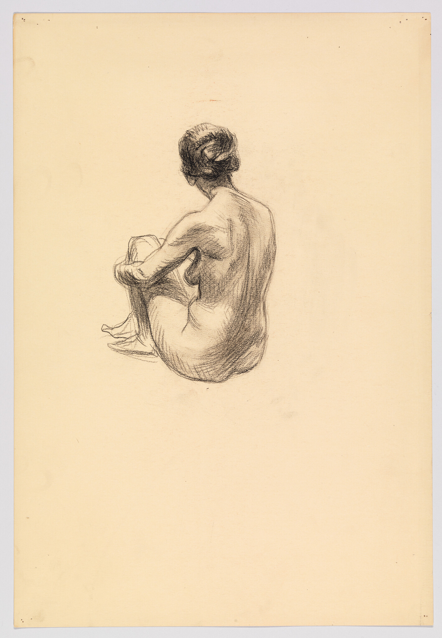 A charcoal sketch of a seated nude woman seen from behind, knees drawn to chest.