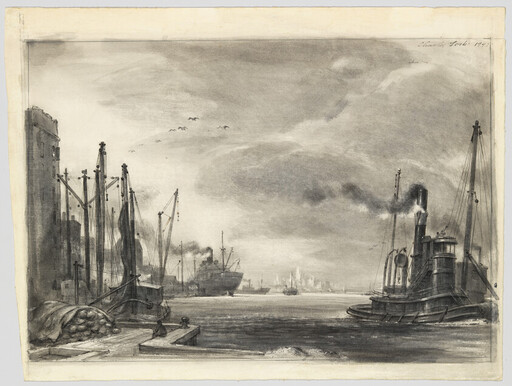 A busy harbor with steamships and a tugboat emitting smoke near docks and cranes.