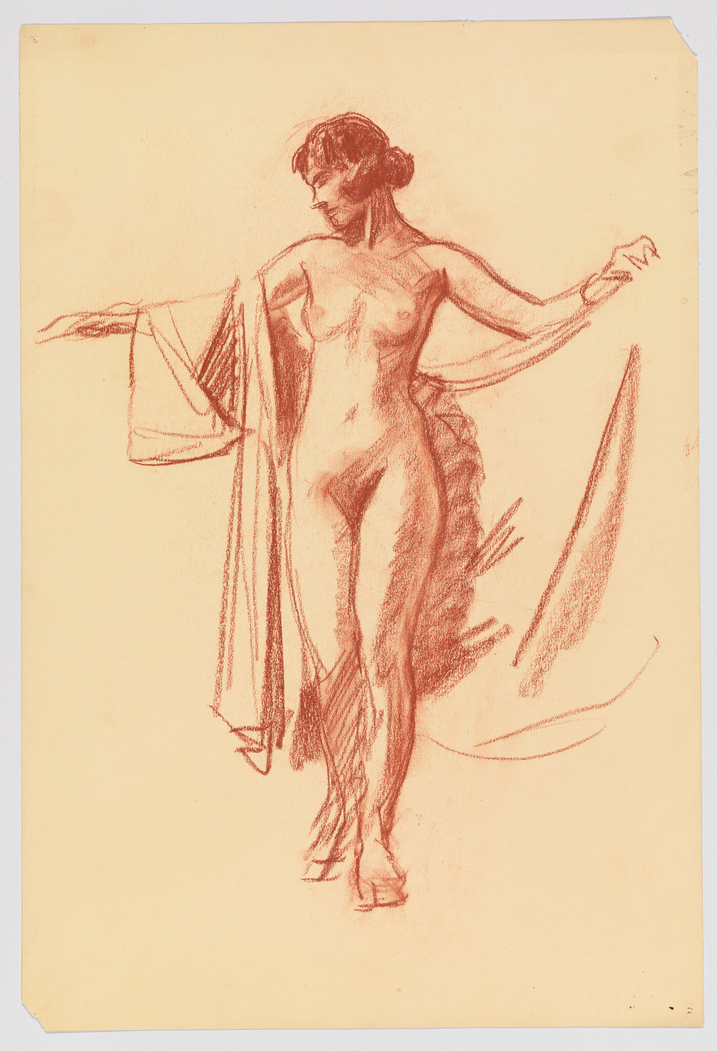 A standing nude woman balances with arms outstretched while holding a loose drapery.