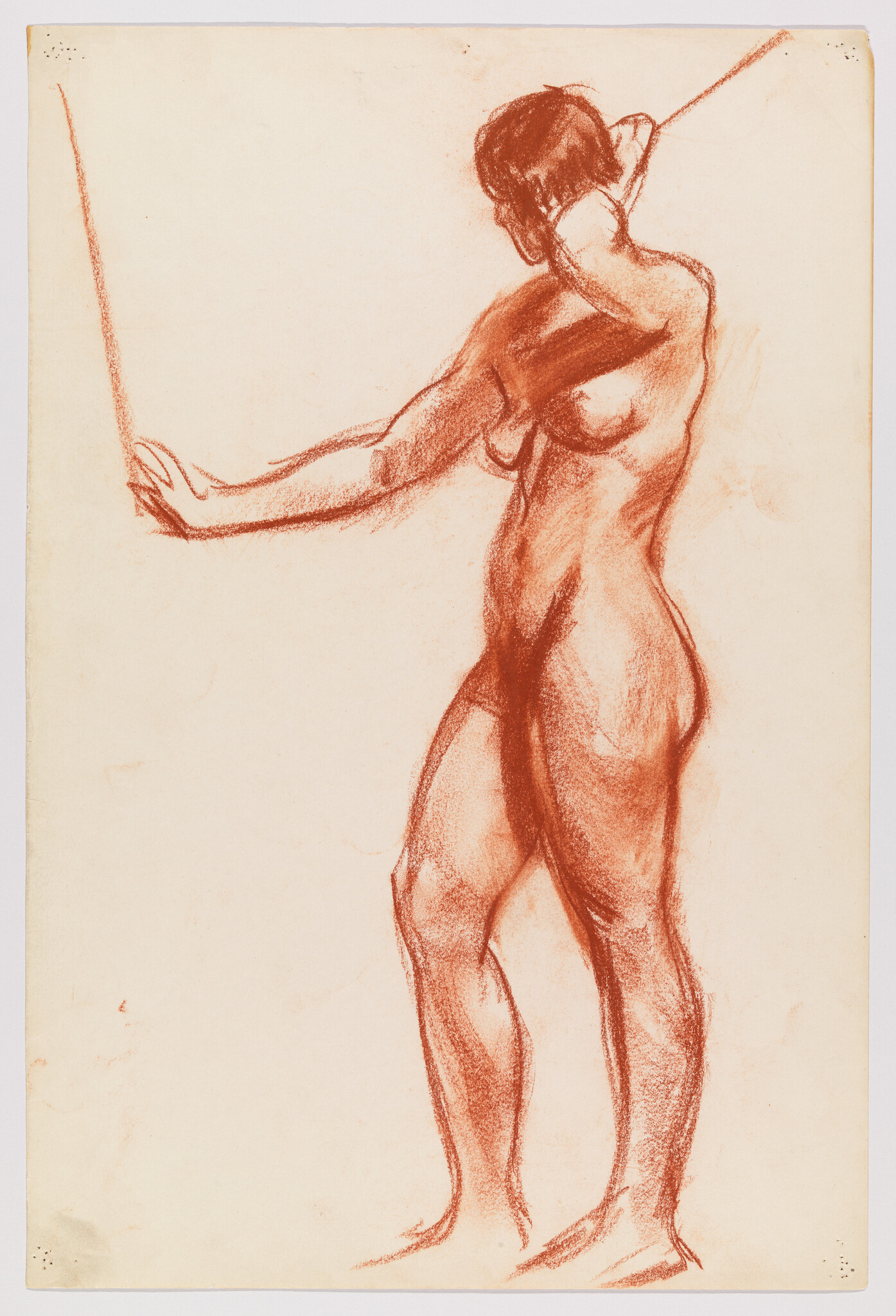 A nude woman stands with one arm extended and the other raised behind her head.