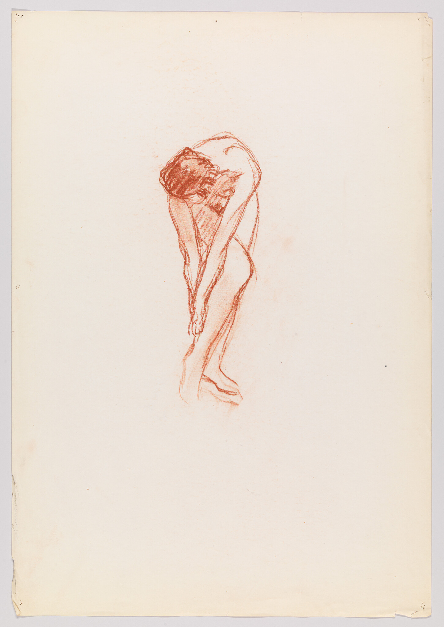 A red chalk sketch of a nude person bending forward, hands reaching toward their lower legs.