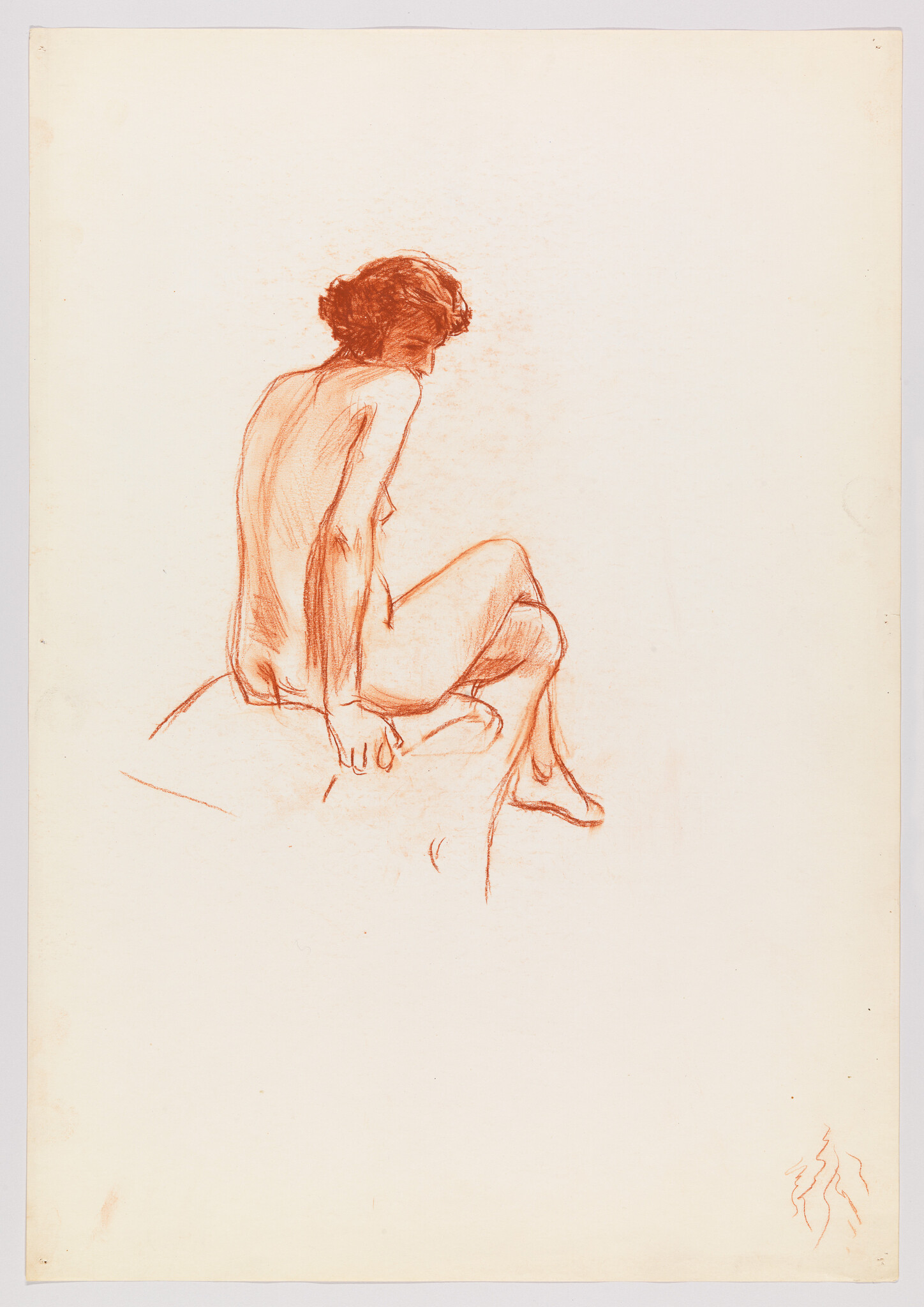 A red chalk sketch of a seated nude woman looking downward while holding the edge beneath her.
