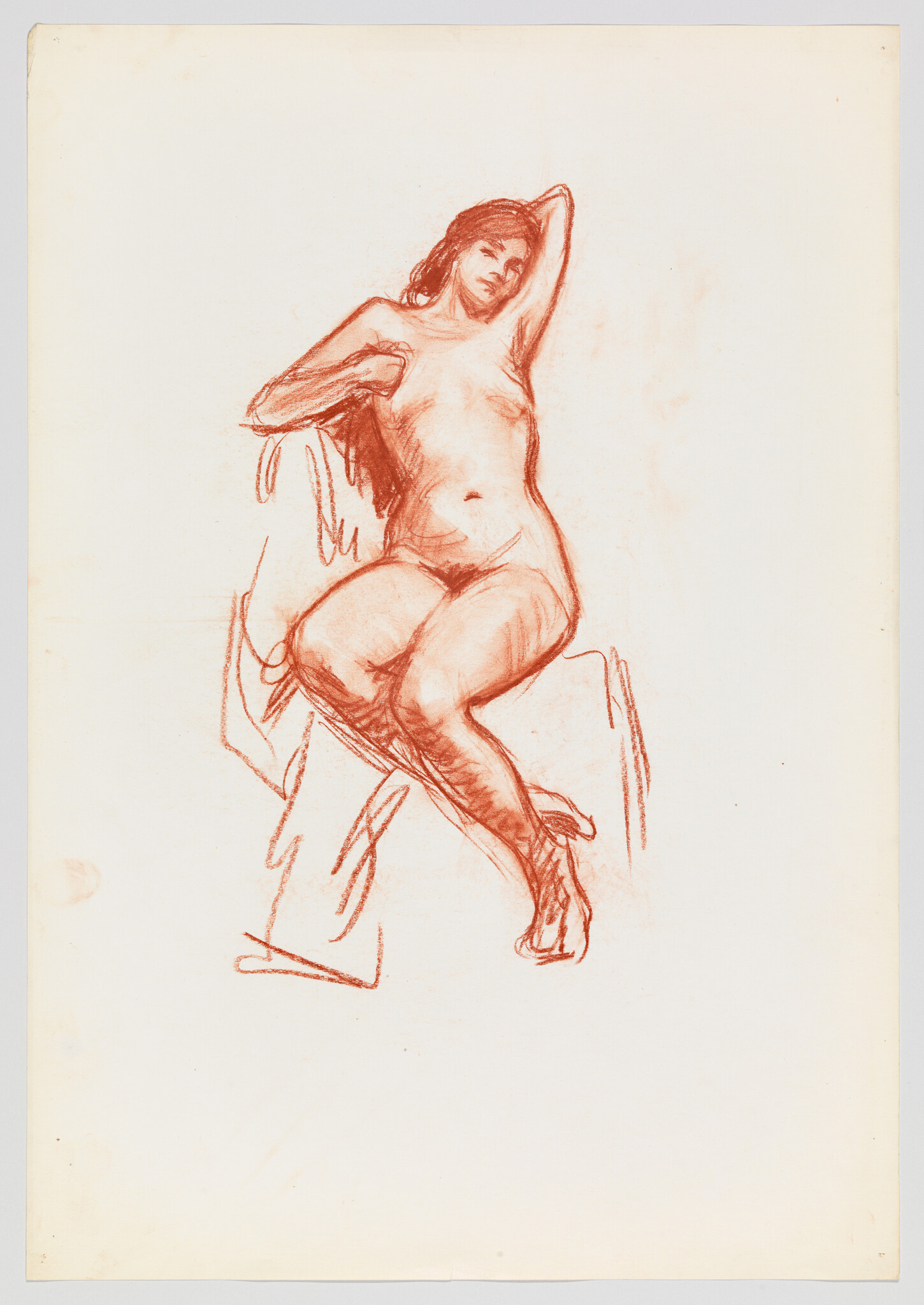 Nude woman sitting on draped stool, one arm raised behind her head in a relaxed pose.