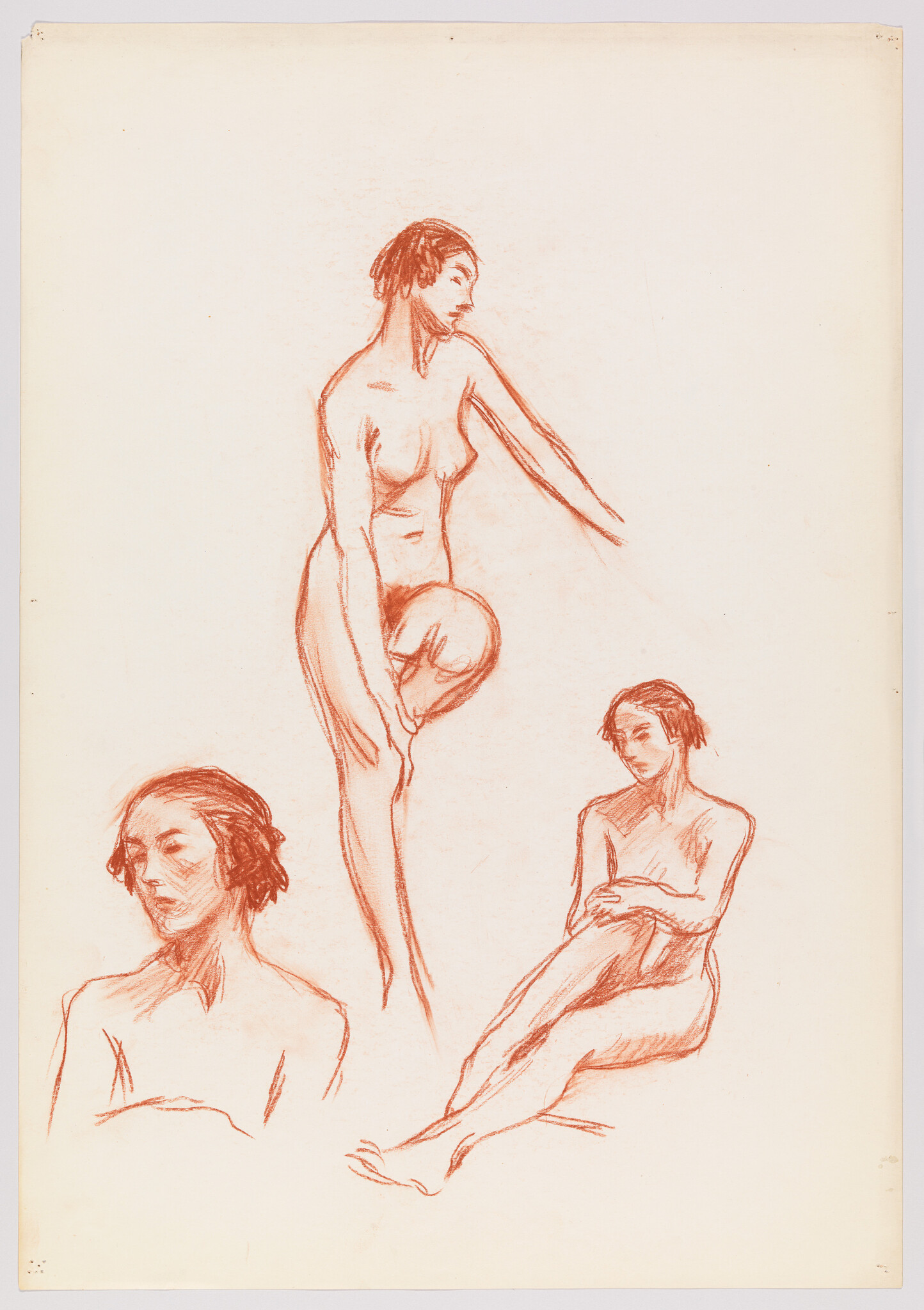 Three red-chalk sketches showing a standing nude holding a ball and two seated female studies.