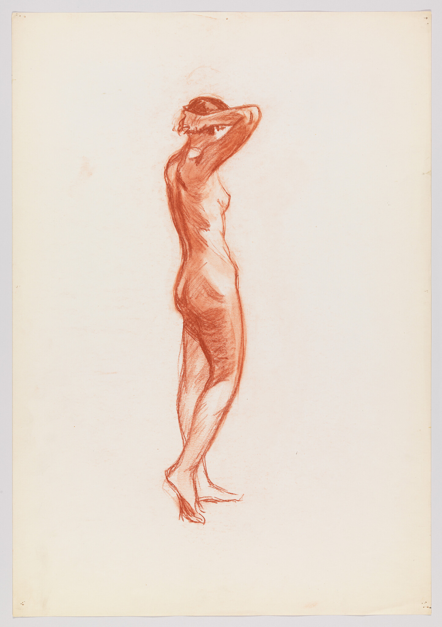 A red chalk sketch of a standing nude woman with arms raised behind her head.