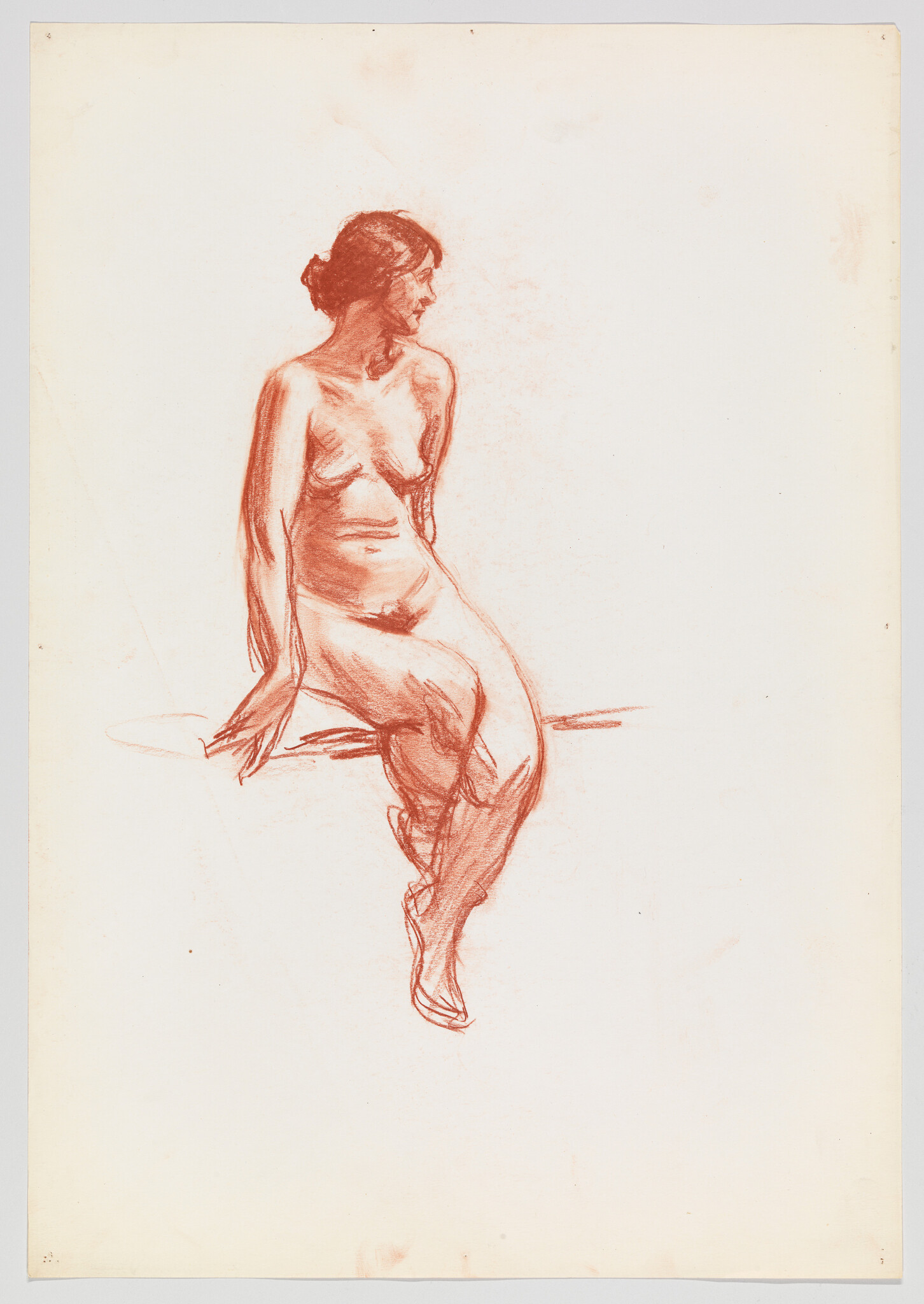 A red chalk sketch of a seated nude woman looking to her left.