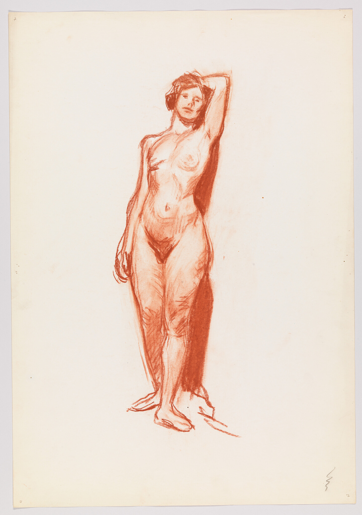 A red chalk drawing of a nude woman standing with one arm raised and resting on her head.