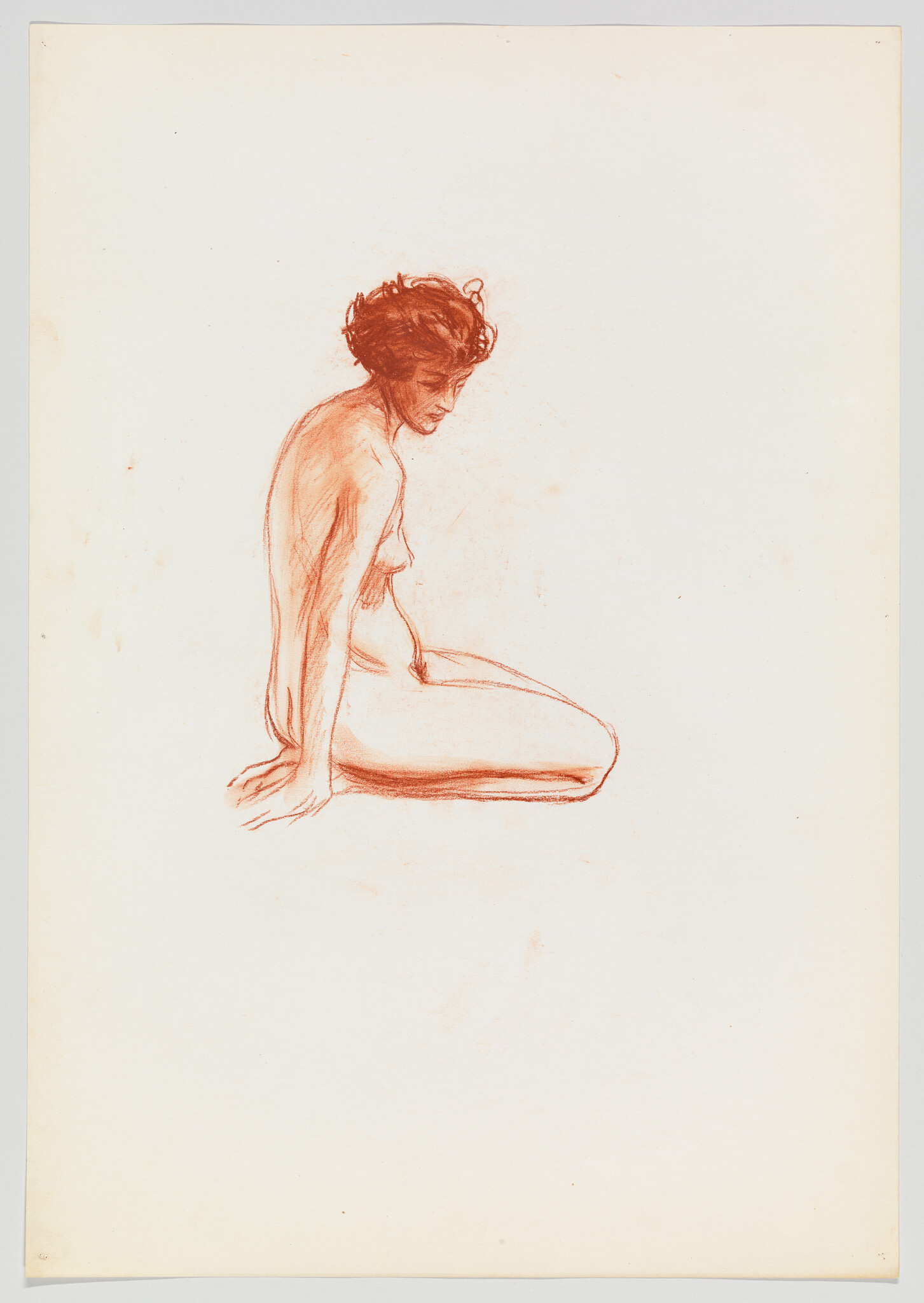 A red chalk sketch of a seated nude woman looking down, hands resting behind her.