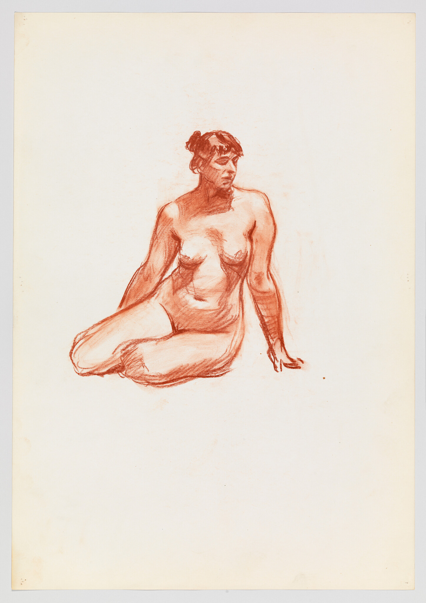 A nude woman sits on the floor, drawn in red chalk, looking off to the right.