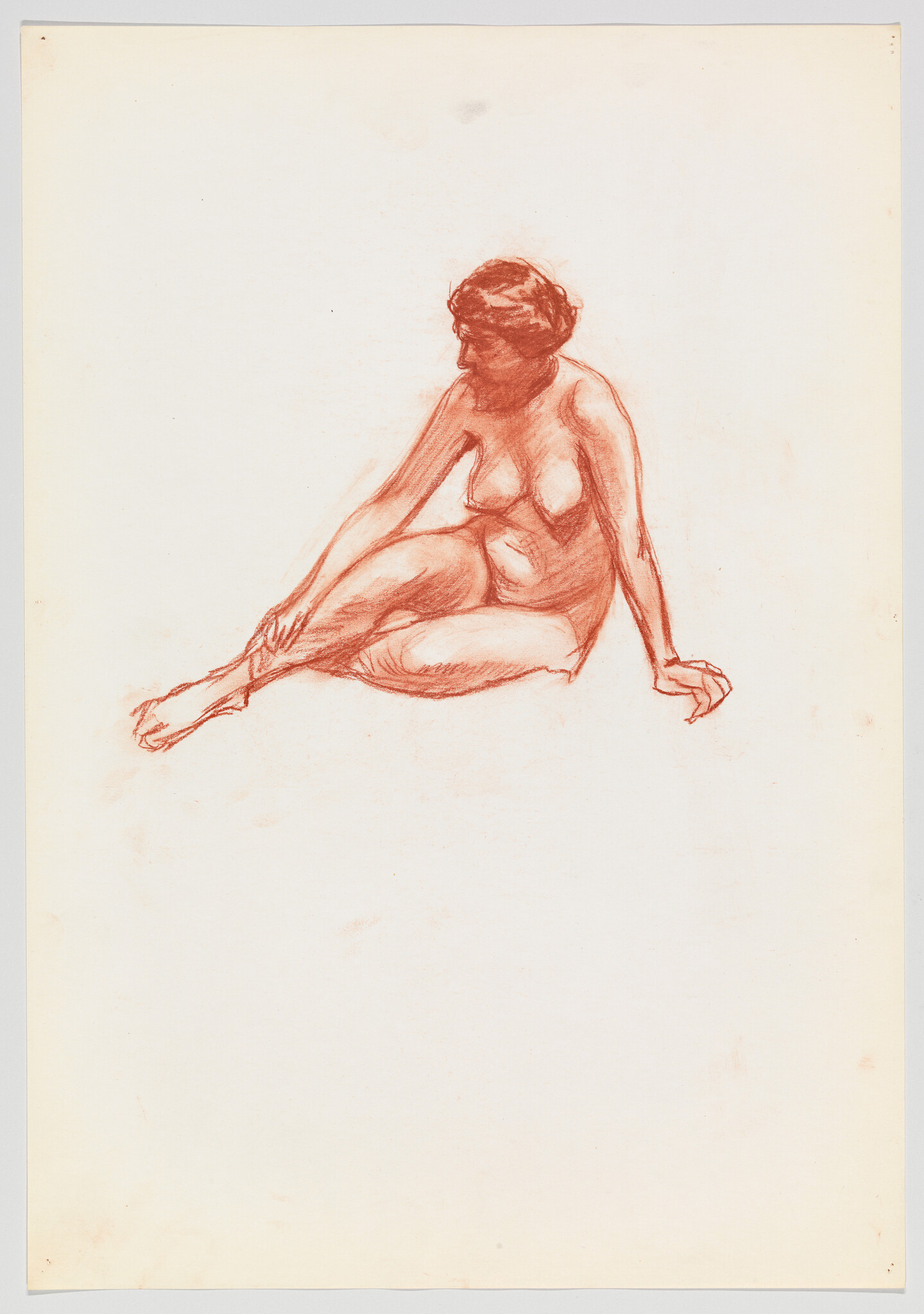 A red chalk sketch of a seated nude woman reaching toward her foot while looking down.