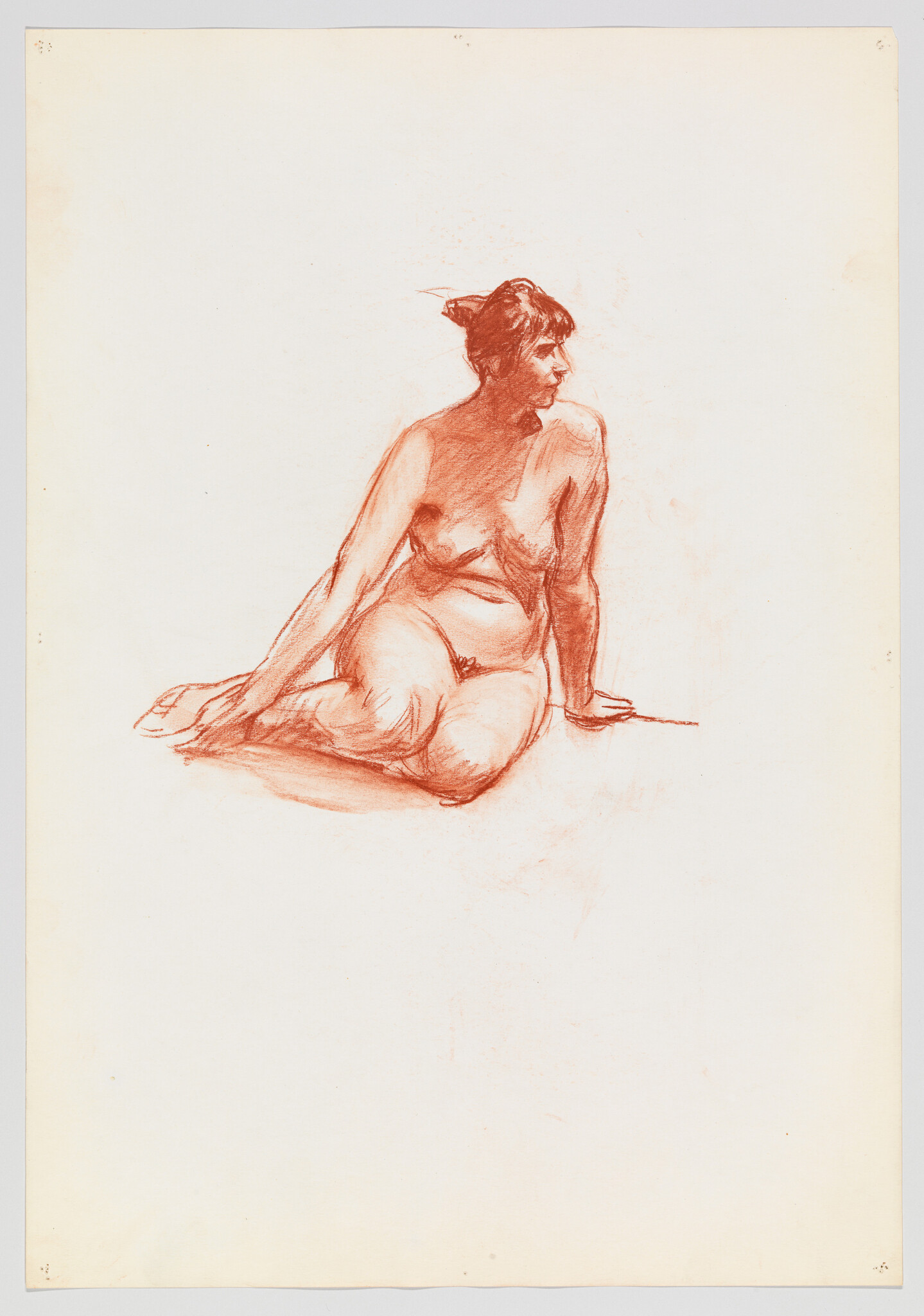 A red chalk drawing of a nude woman seated on the floor looking to the right.