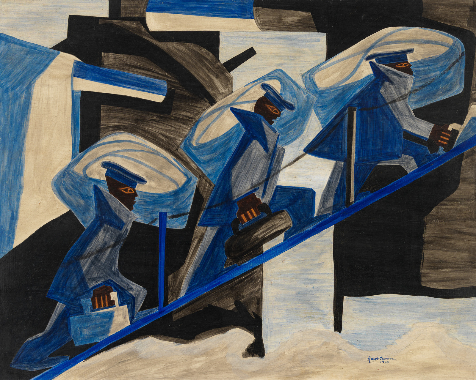 Three Black figures in geometric blue and grey suits and hats carry large sacks over their shoulders and march in unison up a roped-off incline.