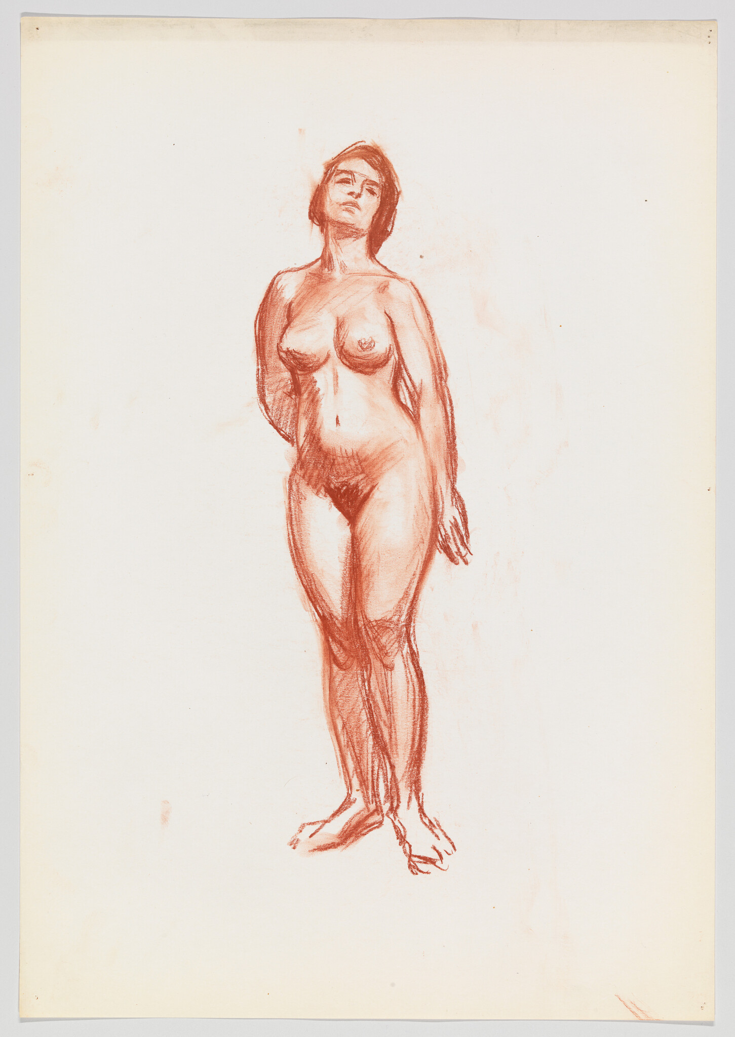 A red chalk sketch of a standing nude woman with hands behind her back.