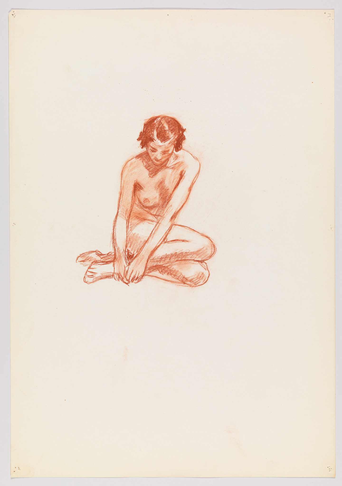 A red chalk sketch of a seated nude woman bending forward and holding her feet.