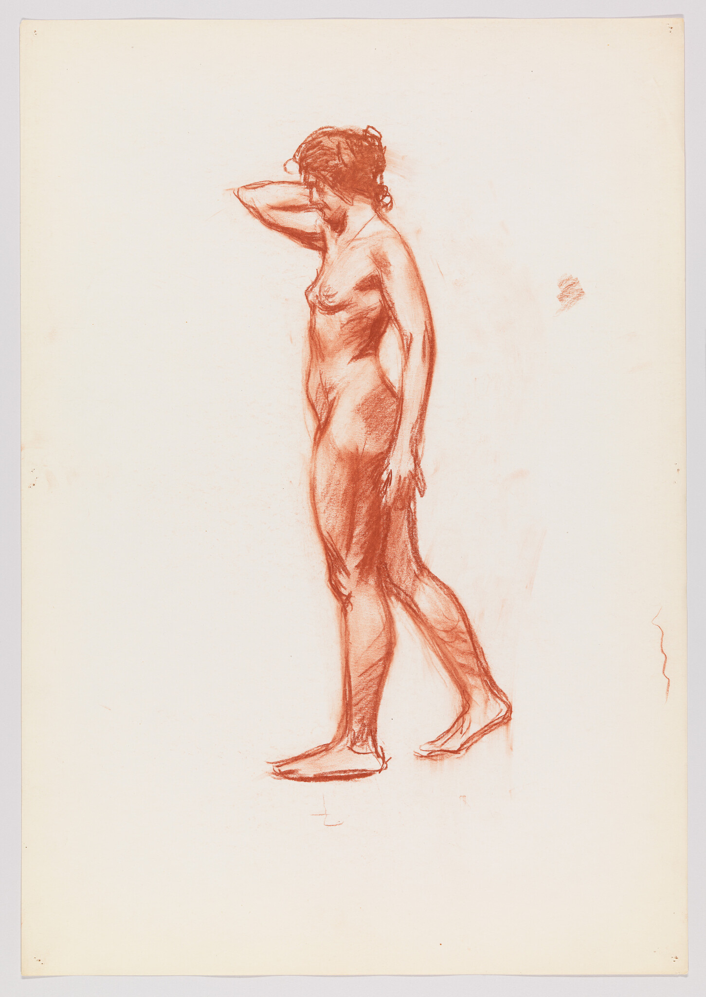 A red chalk sketch of a nude woman standing with one hand behind her head and stepping forward.