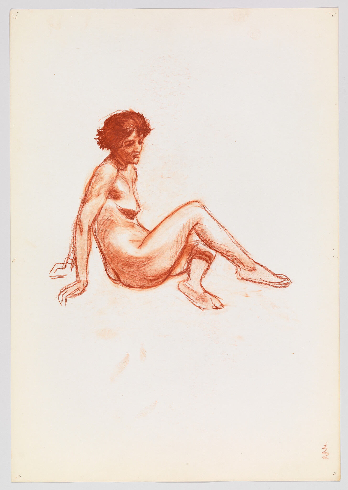 A seated nude woman leans back on her hands with legs bent and head turned.