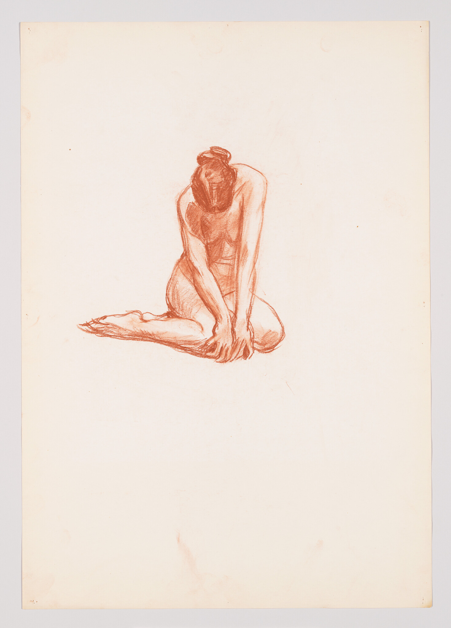 A red chalk sketch of a kneeling woman with head bowed and hands resting on her feet.