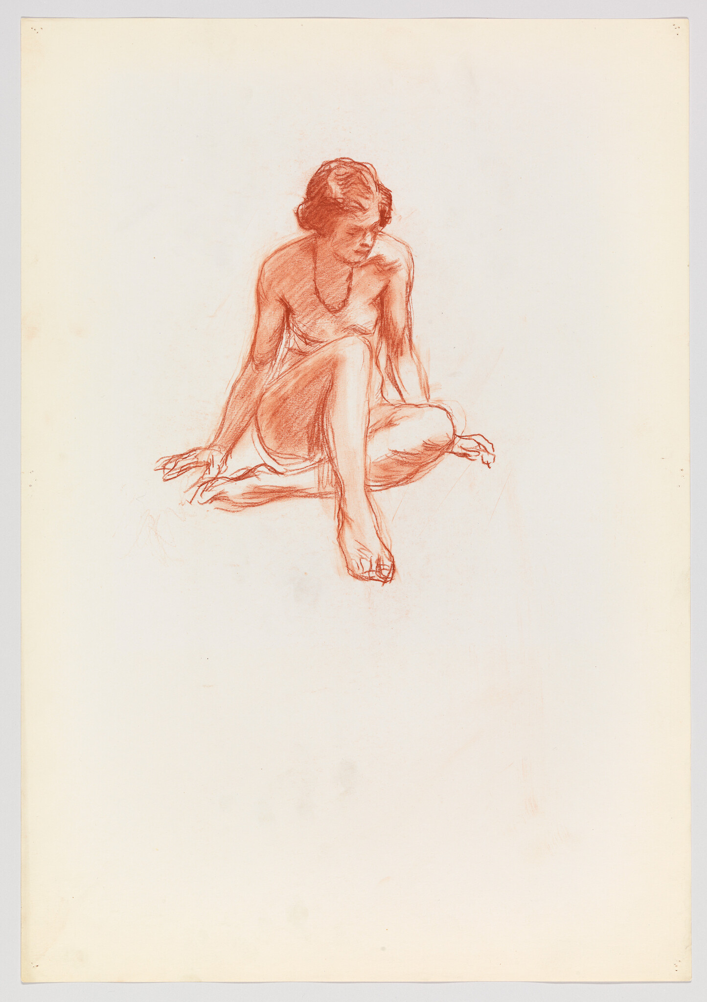 A red chalk sketch of a seated woman looking down with one leg crossed.