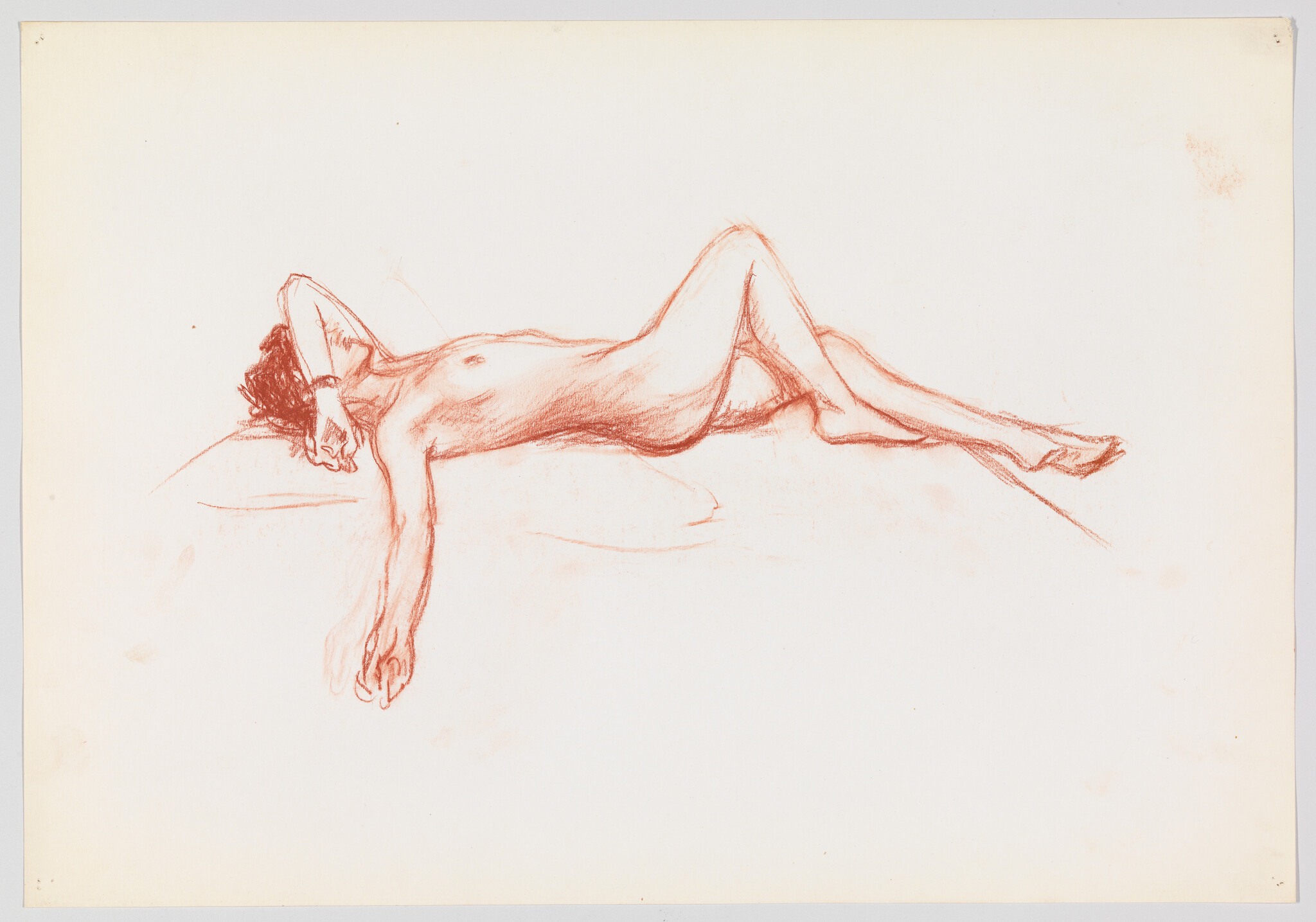A reclining nude figure drawn in red chalk with one arm extended over the edge.