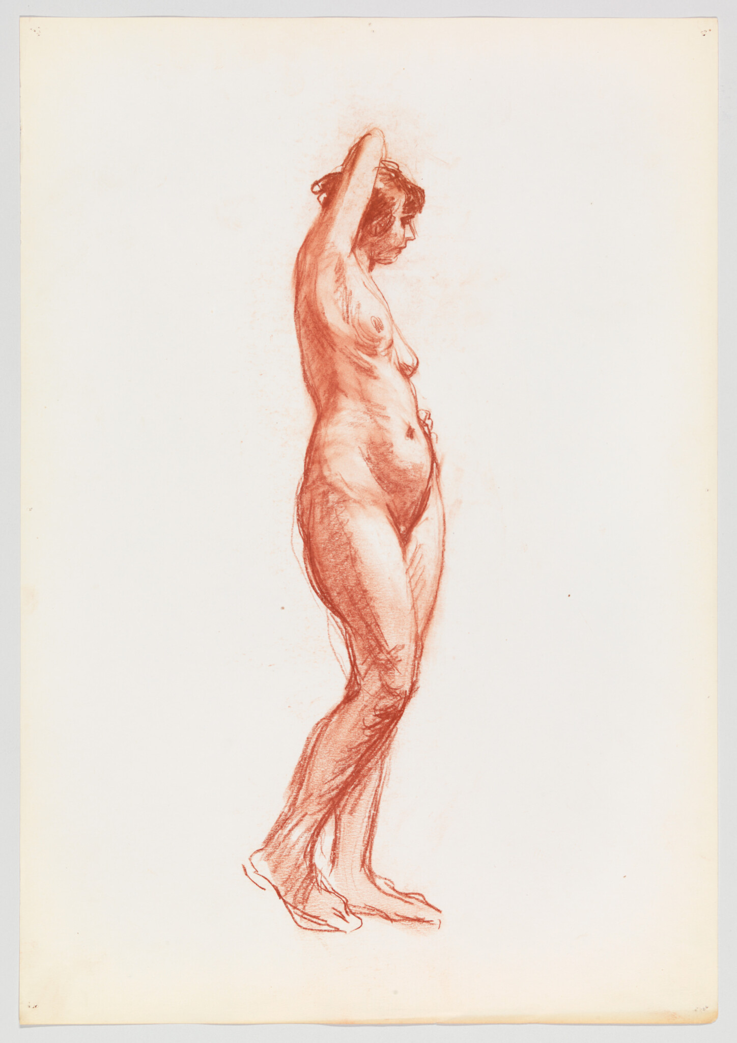 A standing nude woman drawn in red chalk with one arm raised to her head.