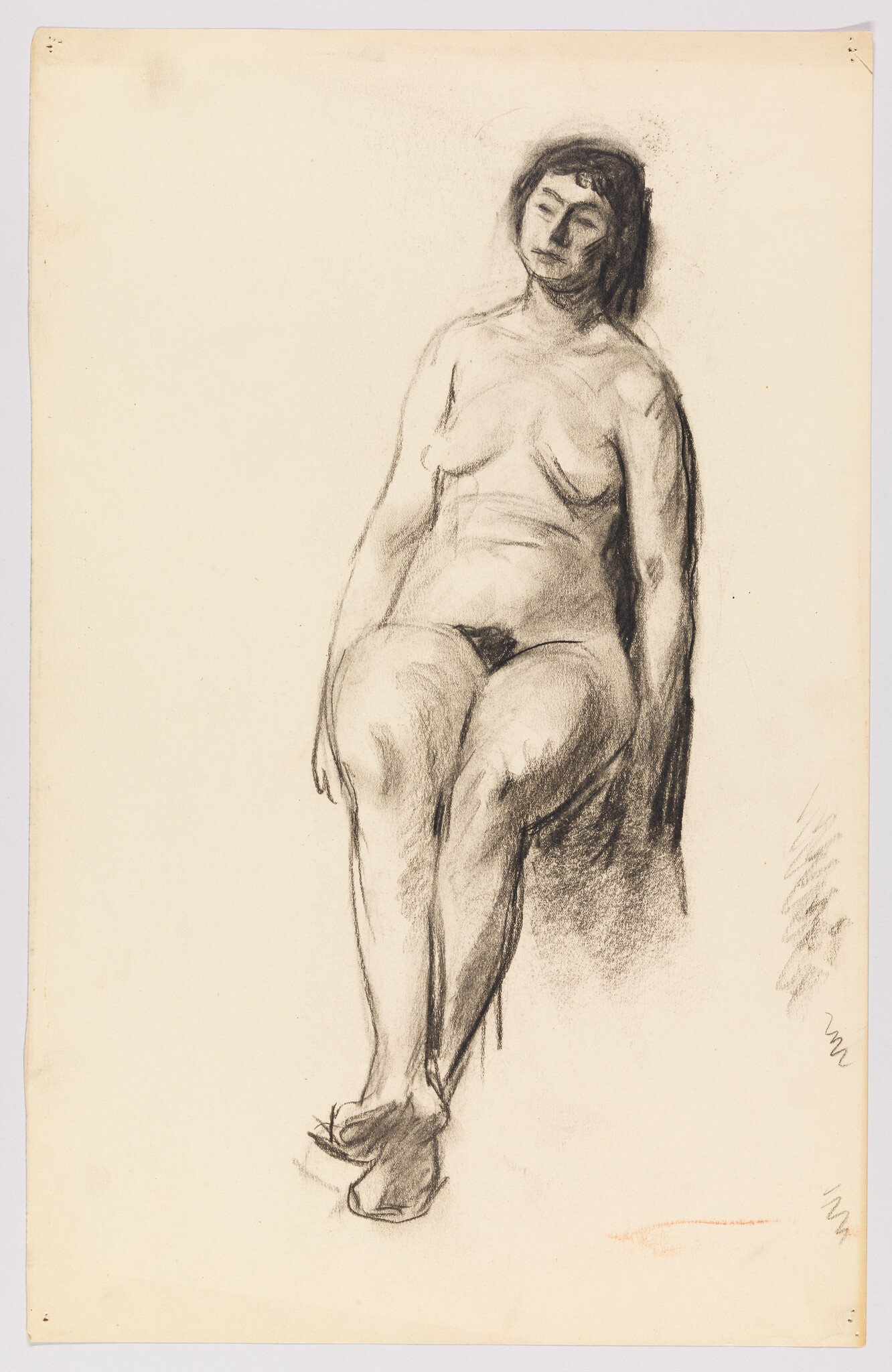 A charcoal sketch of a seated nude woman with crossed feet and relaxed posture.