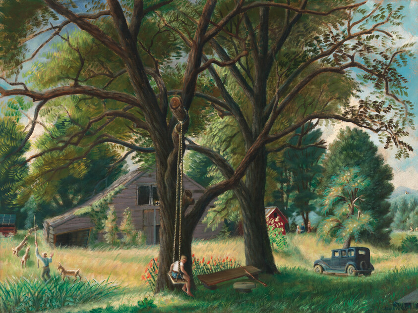 A child swings from a rope tied to a large tree beside a farmhouse and parked car.