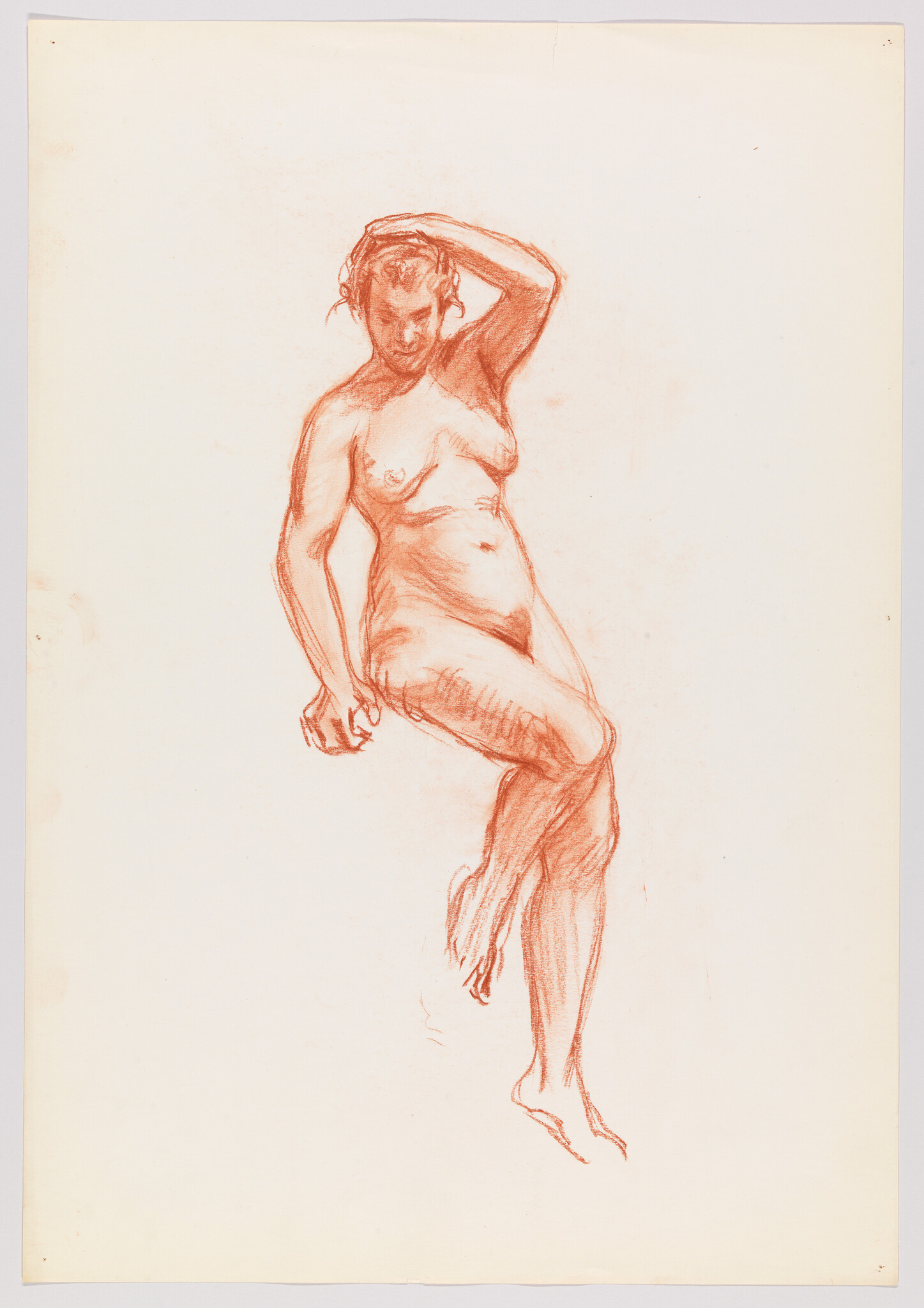 Nude woman standing with one leg raised and one hand resting on her head.