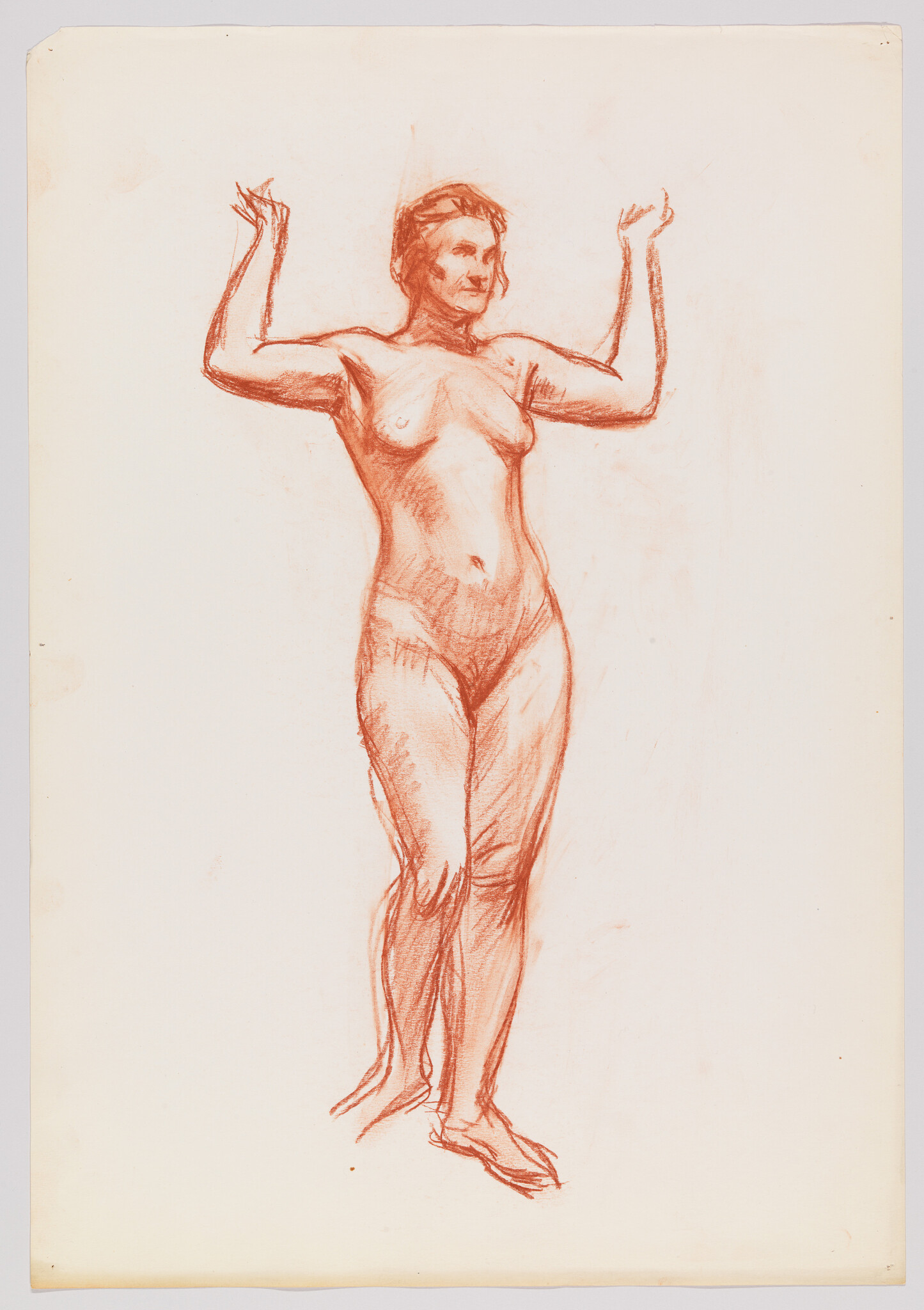 A red chalk sketch of a standing nude woman with both arms raised above her shoulders.