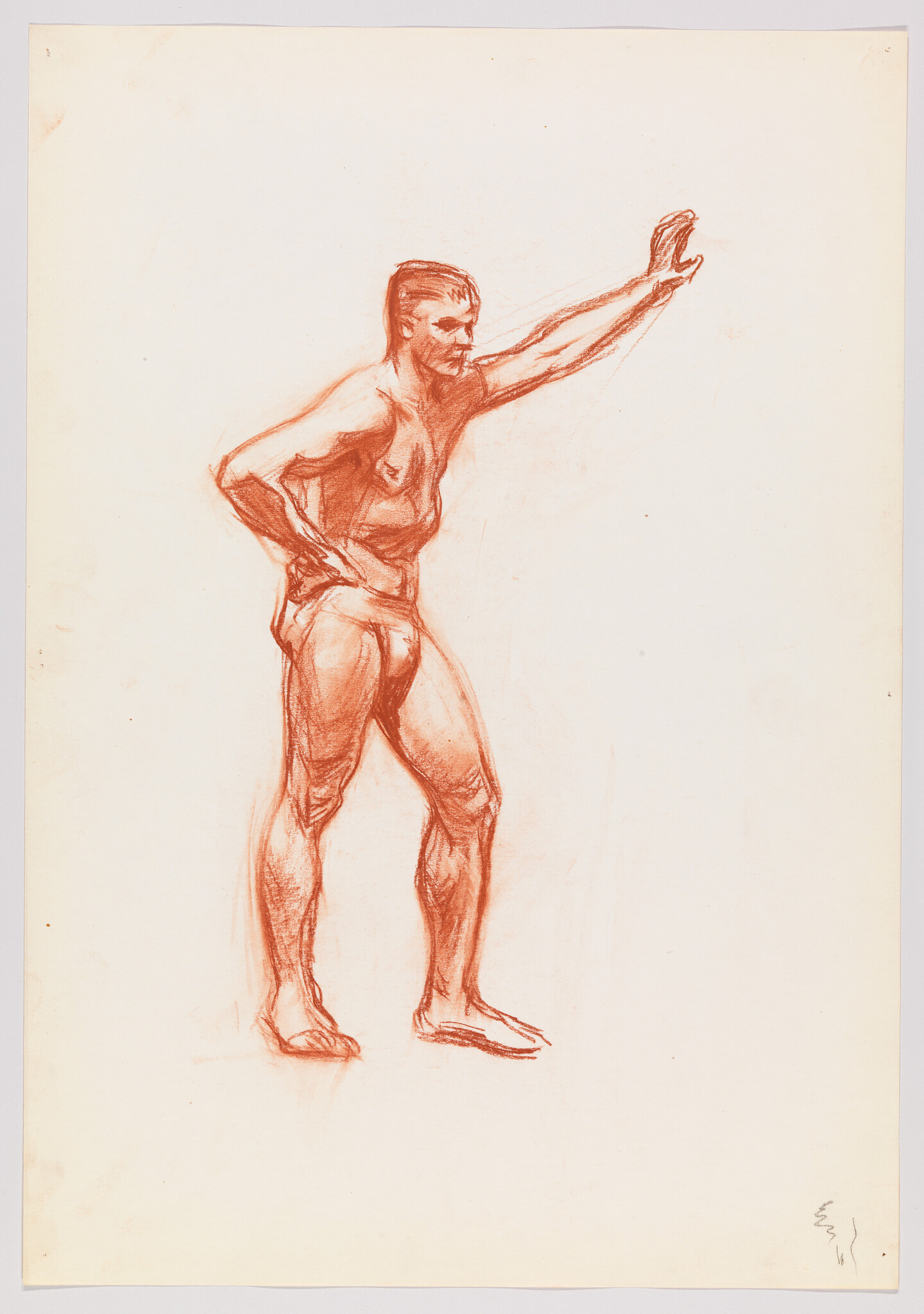 A standing male nude sketch with one arm raised and the other hand on his hip.