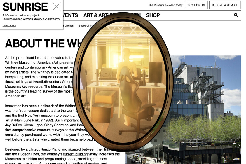 Website about the Whitney Museum with an oval mirror overlay showing a person at a desk with a computer.