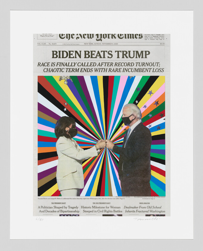 The New York Times front page shows "BIDEN BEATS TRUMP" headline above two masked officials fist bumping.