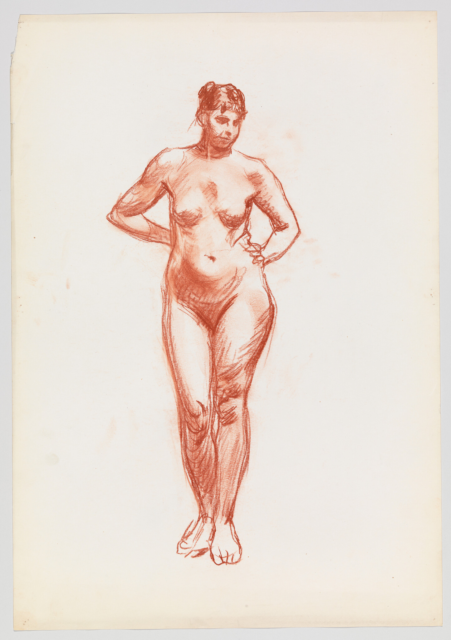 A red chalk sketch of a standing nude woman with hands on her hips.