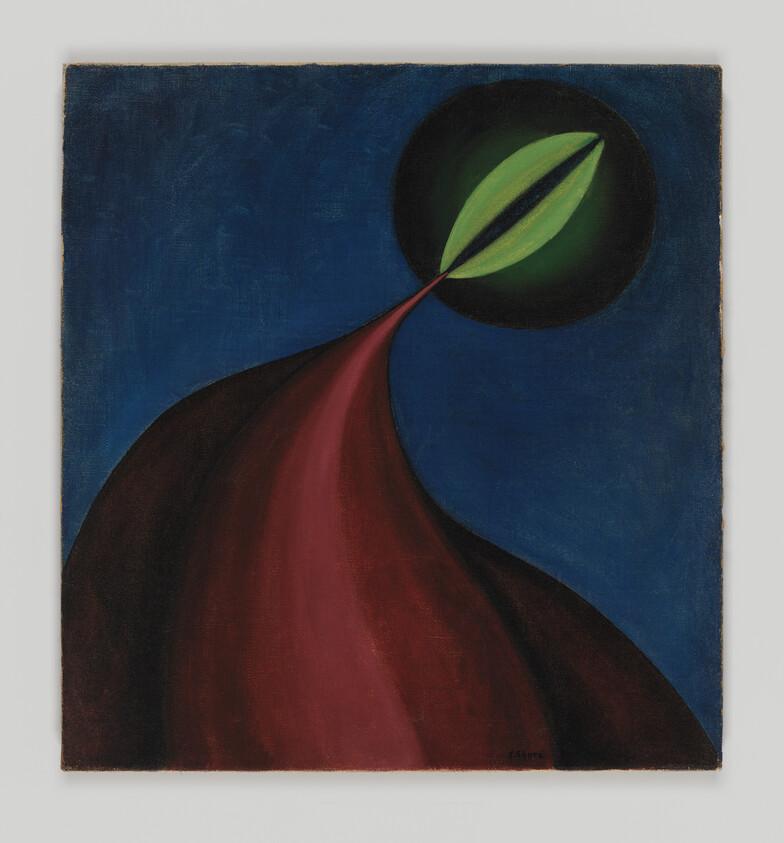 A red, flowing cone rises toward a glowing green circle with a leaf-shaped slit.