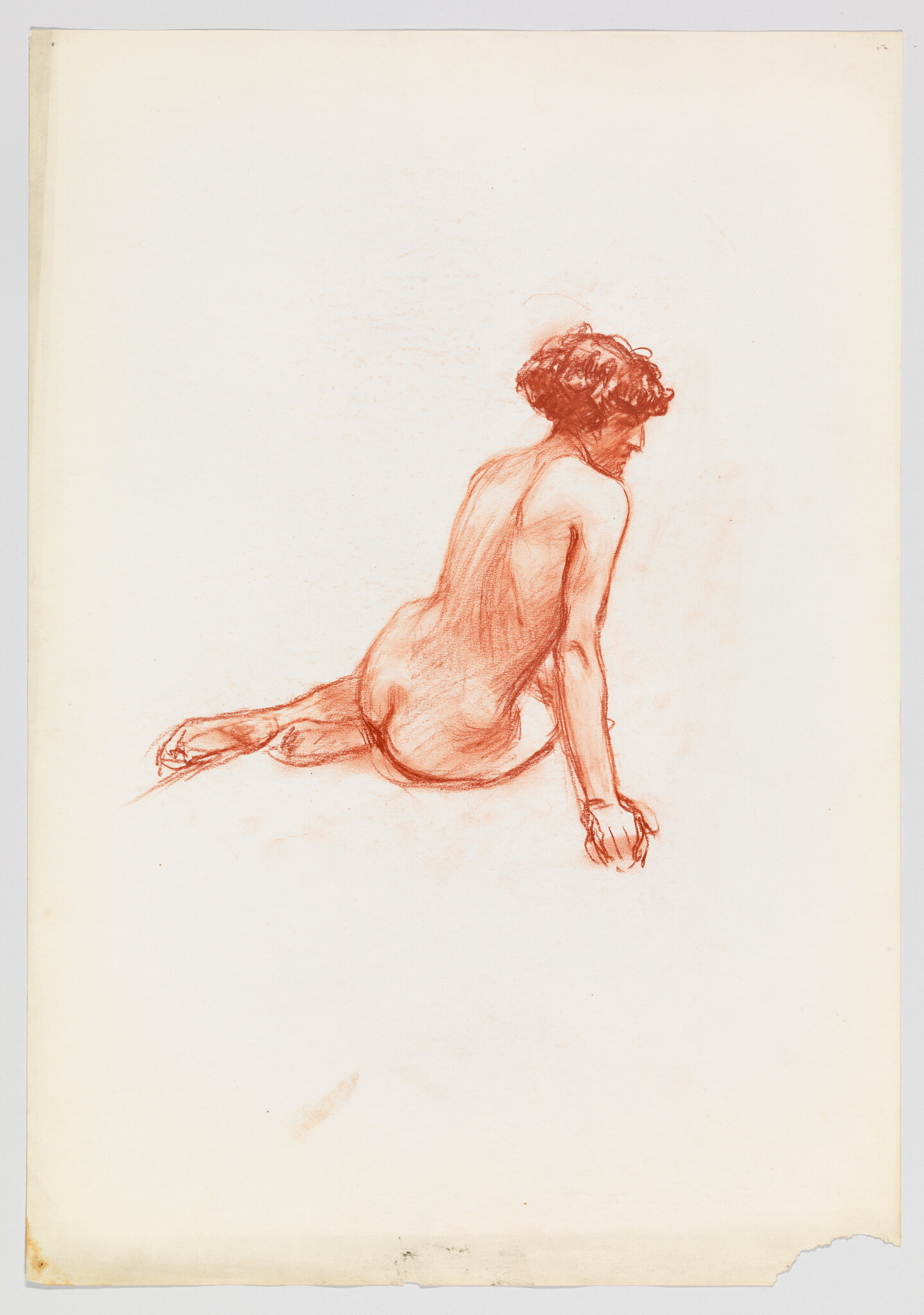 A red chalk sketch of a seated nude woman leaning back on her hands.
