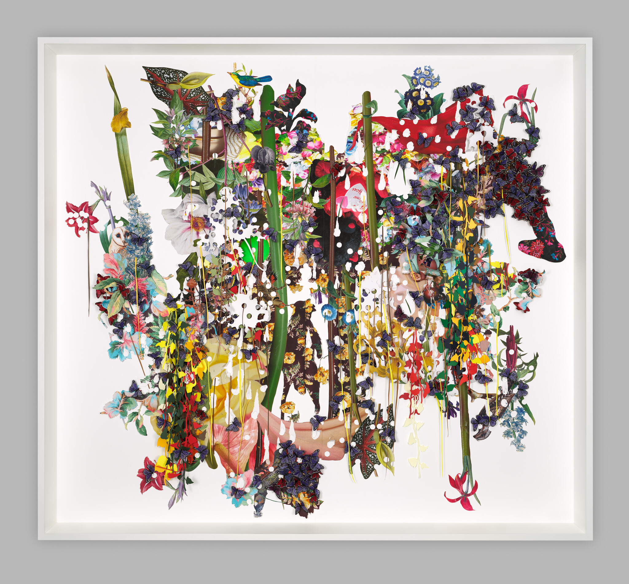 A bright framed collage of layered flowers, leaves, and butterflies arranged in a chaotic vertical composition.