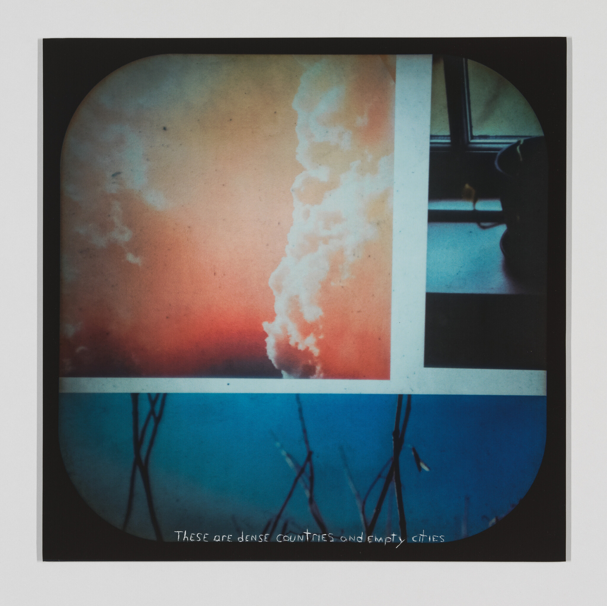 Collage with clouds, window, and branches. Text reads, "These are dense countries and empty cities."
